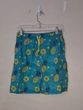 Boys Size 14/16 Pineapple Print Swim Trunks - Teal and Yellow